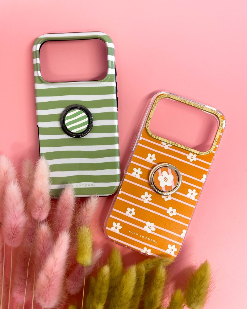 Capa premium laranja com florinhas, moldura da câmara dourada e um suporte de anel
