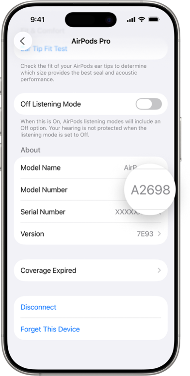 Número de modelo dos AirPods nas definições de Bluetooth de um iPhone